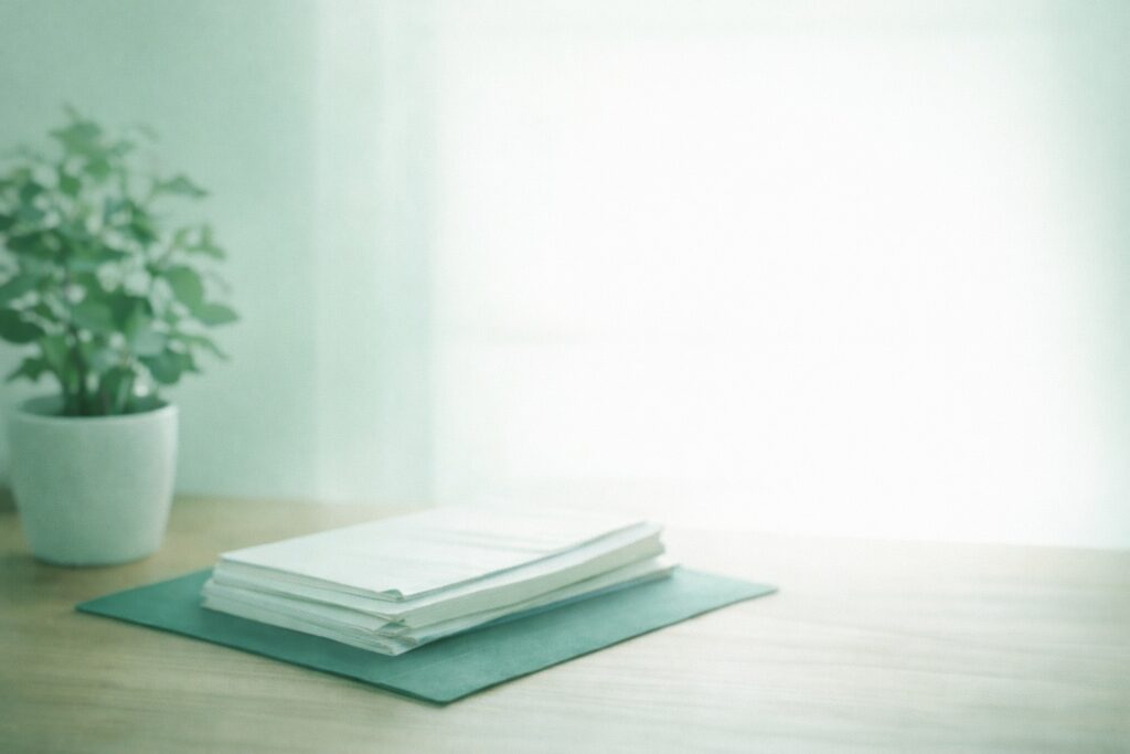 デスクの上に書類と観葉植物が置かれた落ち着いた作業スペース